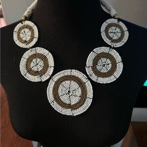 White and Gold Maasai Beaded Circular Disc Necklace Handmade African Jewelry